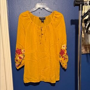 New York Clothing Co. Women's Mustard Embroidered Peasant Blouse